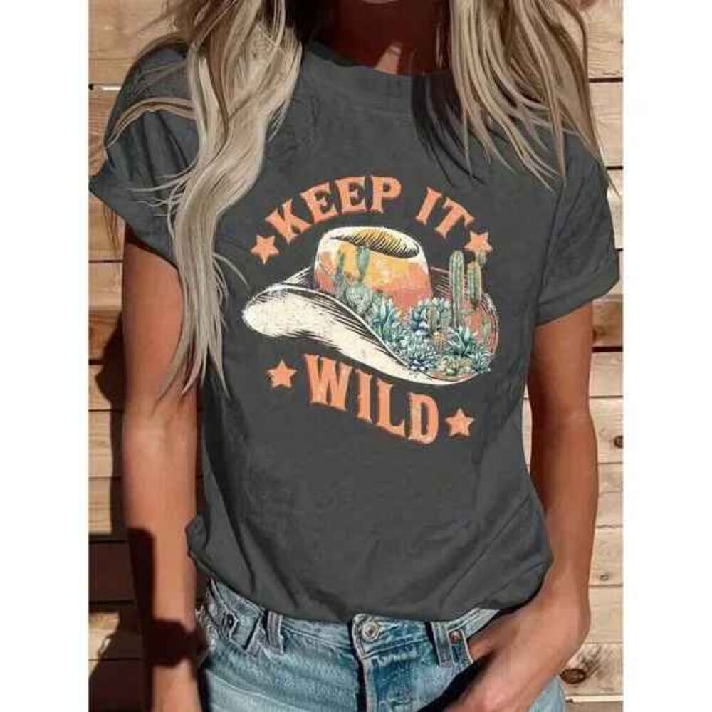 Graphic print tee shirt cowboy hat succulents cactus desert western keep it wild